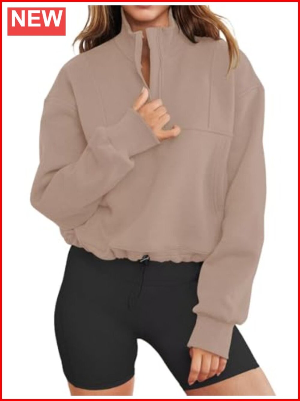 Women's Oversized Long Sleeve Half Zip Cropped Sweatshirt V-Neck Pullover